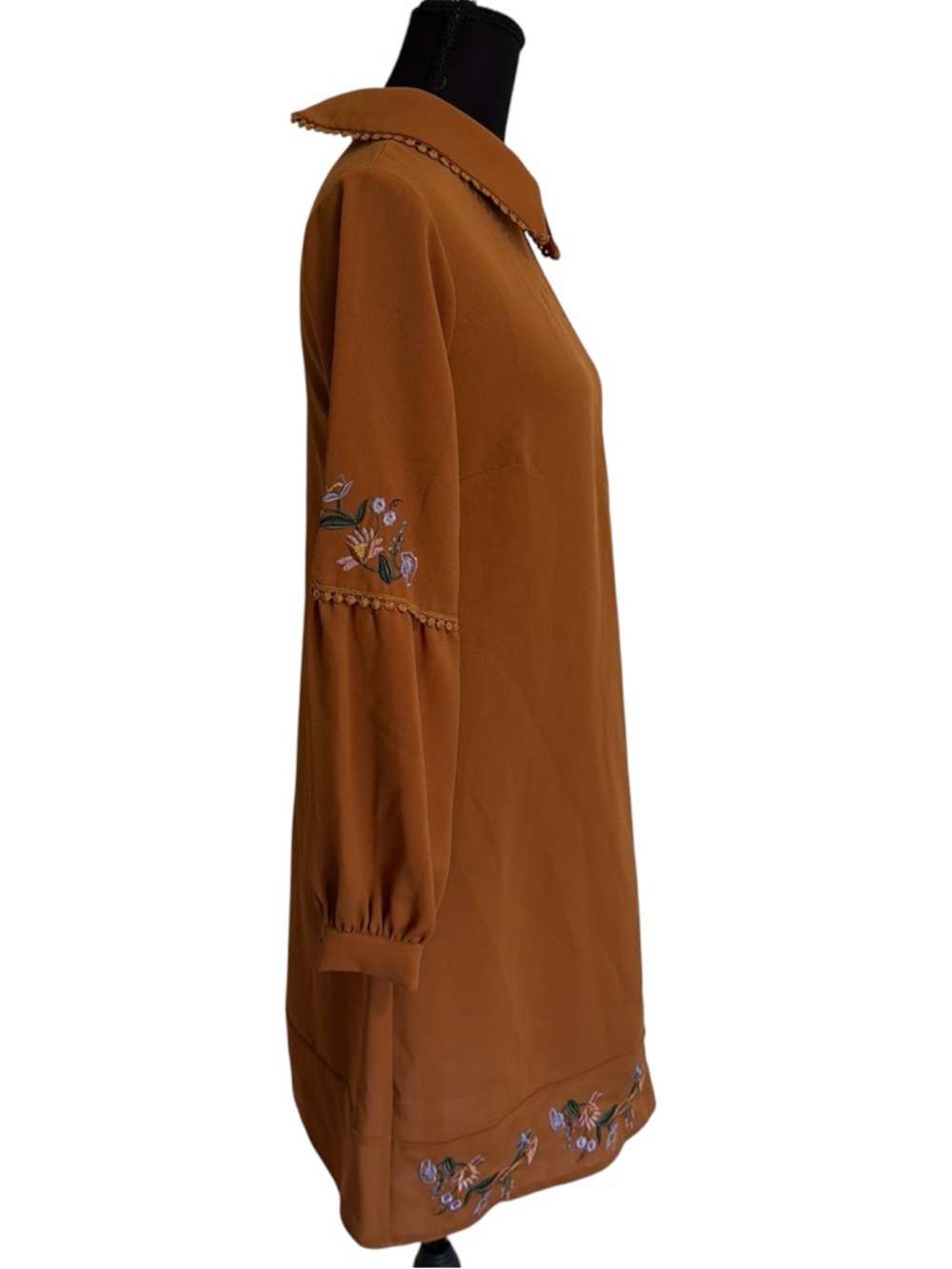 Women's Embroidered Collared Shift Dress - Rust Color - Picture 2 of 10